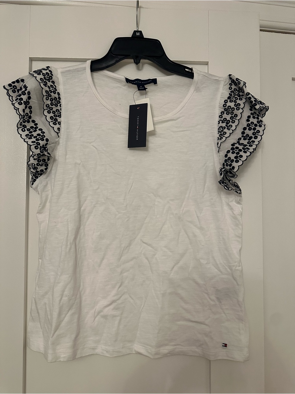 Tommy Hilfiger White Tee with Navy Eyelet Ruffle Sleeves